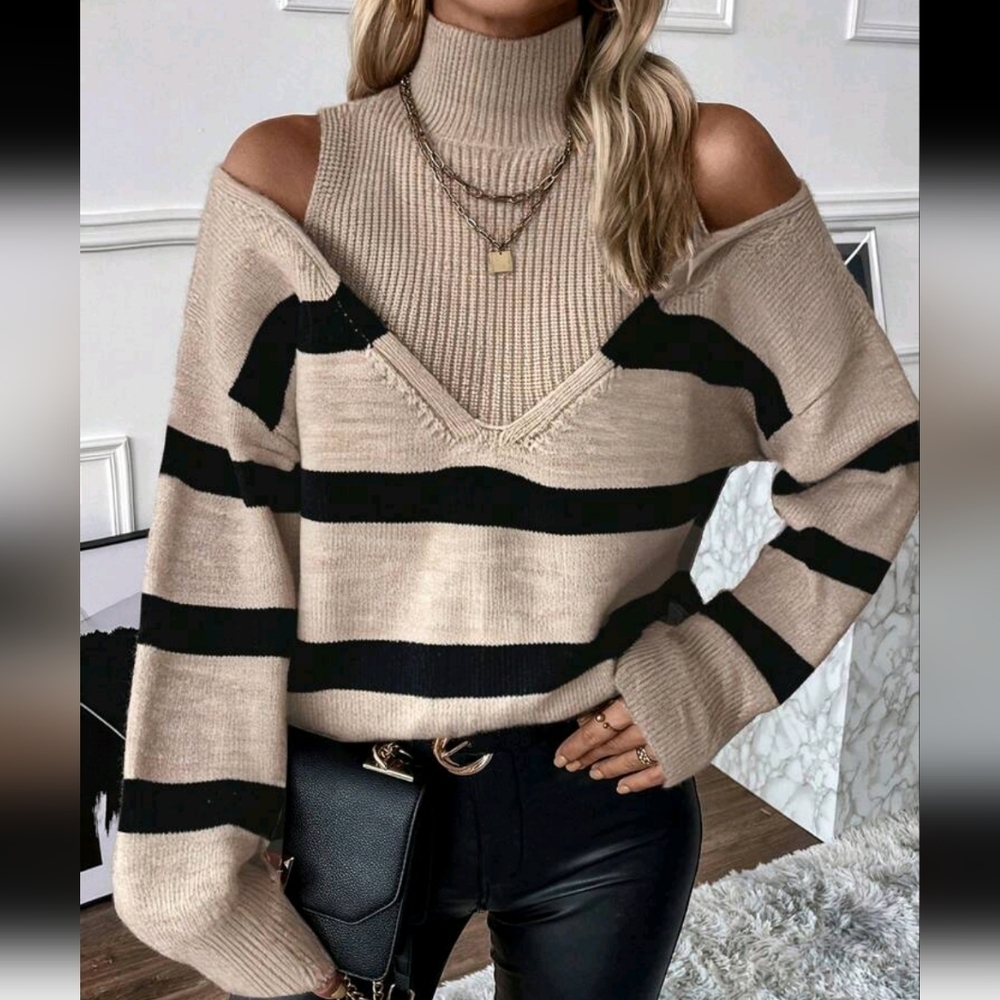 Women's Autumn/Winter Turtleneck Drop Shoulder Sexy Knitted Top, Loose Drop Shou